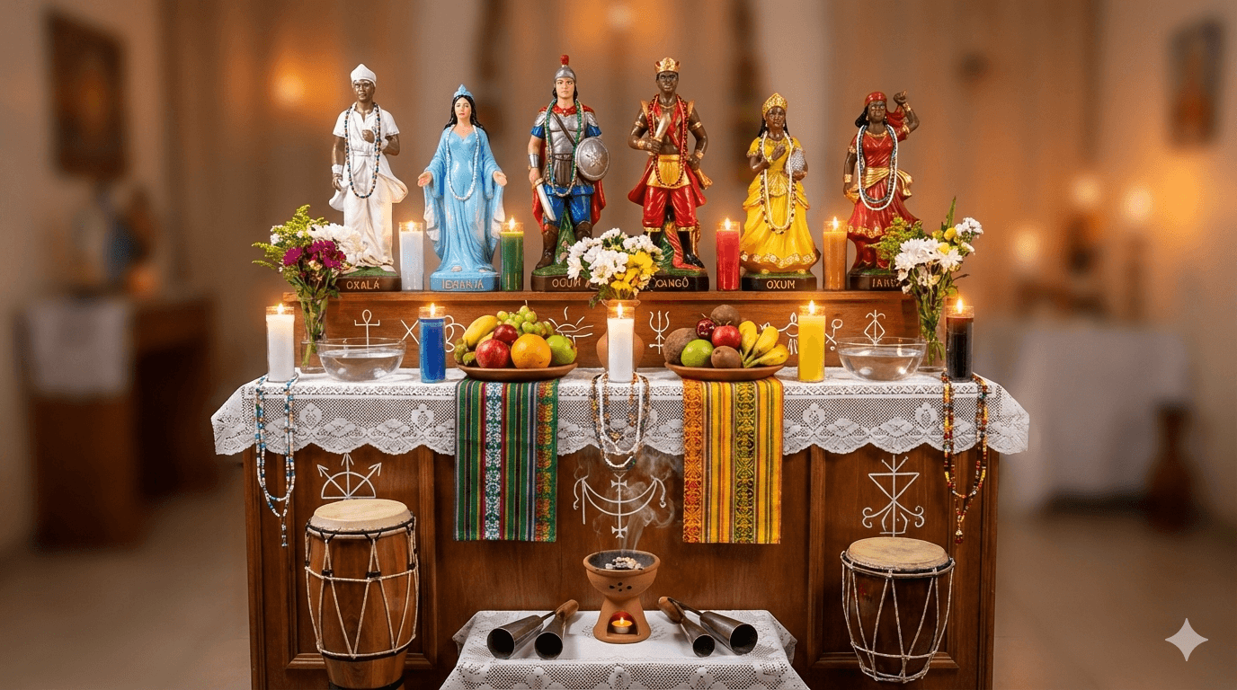 Altar de Umbanda com velas, flores e oferendas aos Orixas